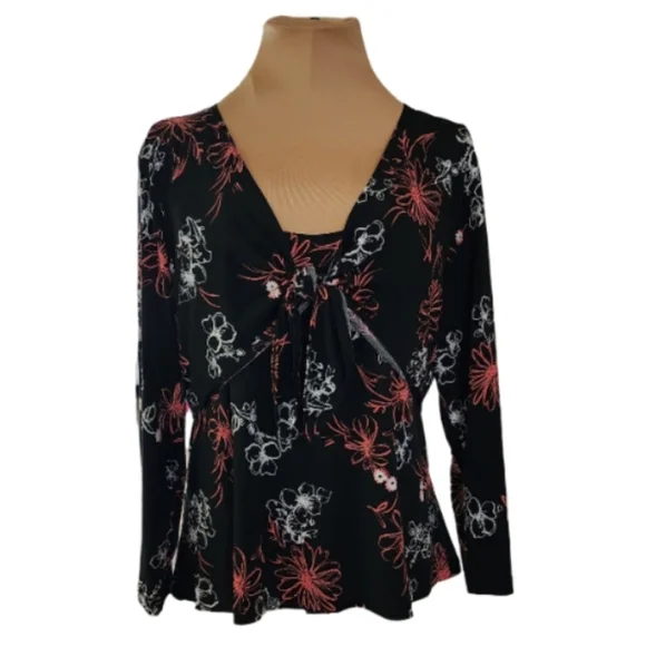 Fashion Bug Vintage 90's Women's XL Black Floral Chest Knot Blouse - Picture 1 of 6